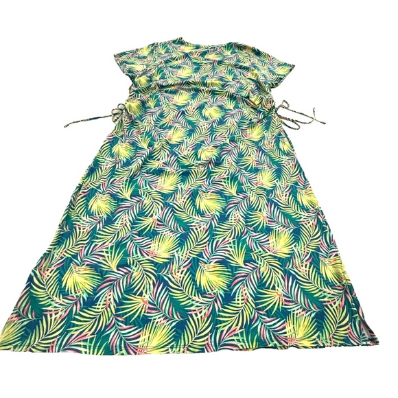Lands’ End Women’s 2X Stretch Jersey Dress Green Palm Leaf Print Cinch Ties Plus - Picture 7 of 11